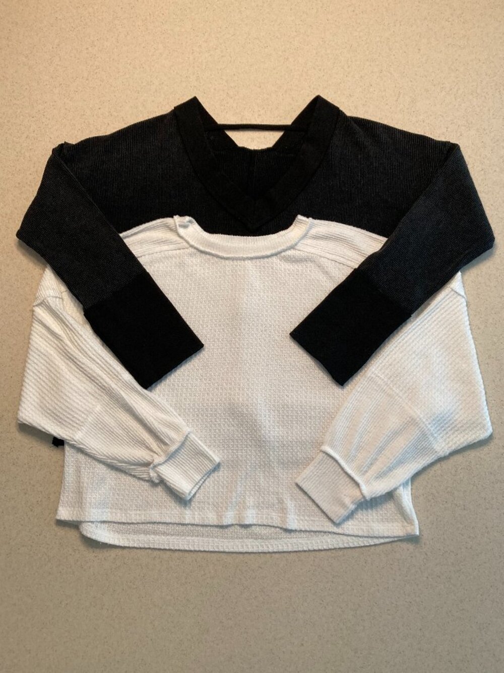 Waffle Knit Top Bundle --Women Size Small-- Two Long Sleeve Tops -- Black/White